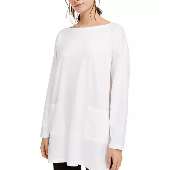 Eileen Fisher Tops - Eileen Fisher White Boat Neck Pocket Tunic Medium Minimalist chic